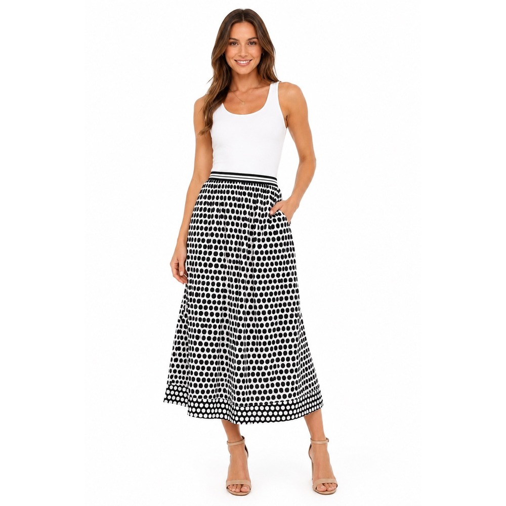 DR2 Black White Polka Dot Midi Skirt Size Med Pull On A-Line‎ Flowy Career Chic